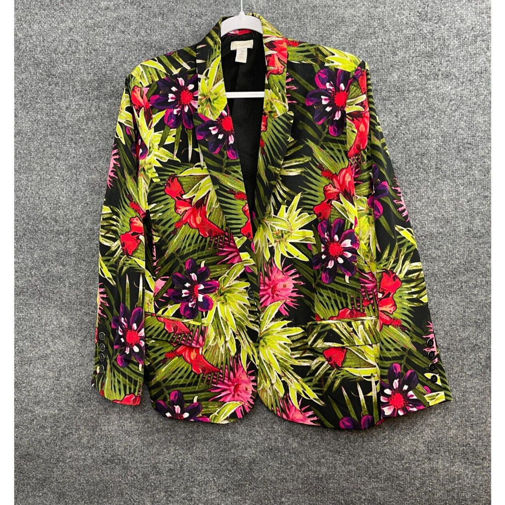Chicos Women's 12-14 Blazer Bright Floral Purple Yellow Green‎